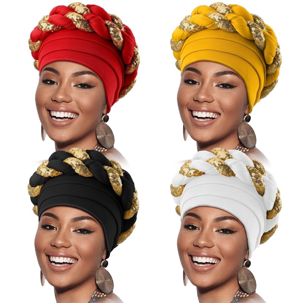 8084 4 Pcs African Turban Head Wrap for Black Braid Beanie Stretchy Elastic